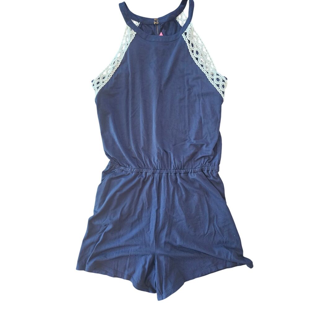 Lilly pulitzer LALA romper navy blue coastal prep pockets shorts Womens medium